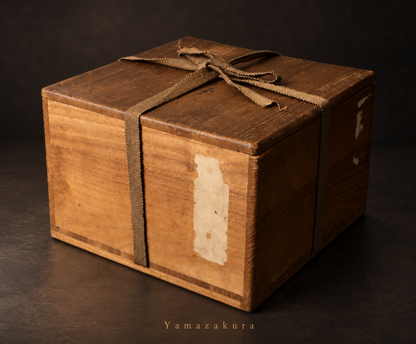 Wooden storage box with tie and old label remnants, styled photograph