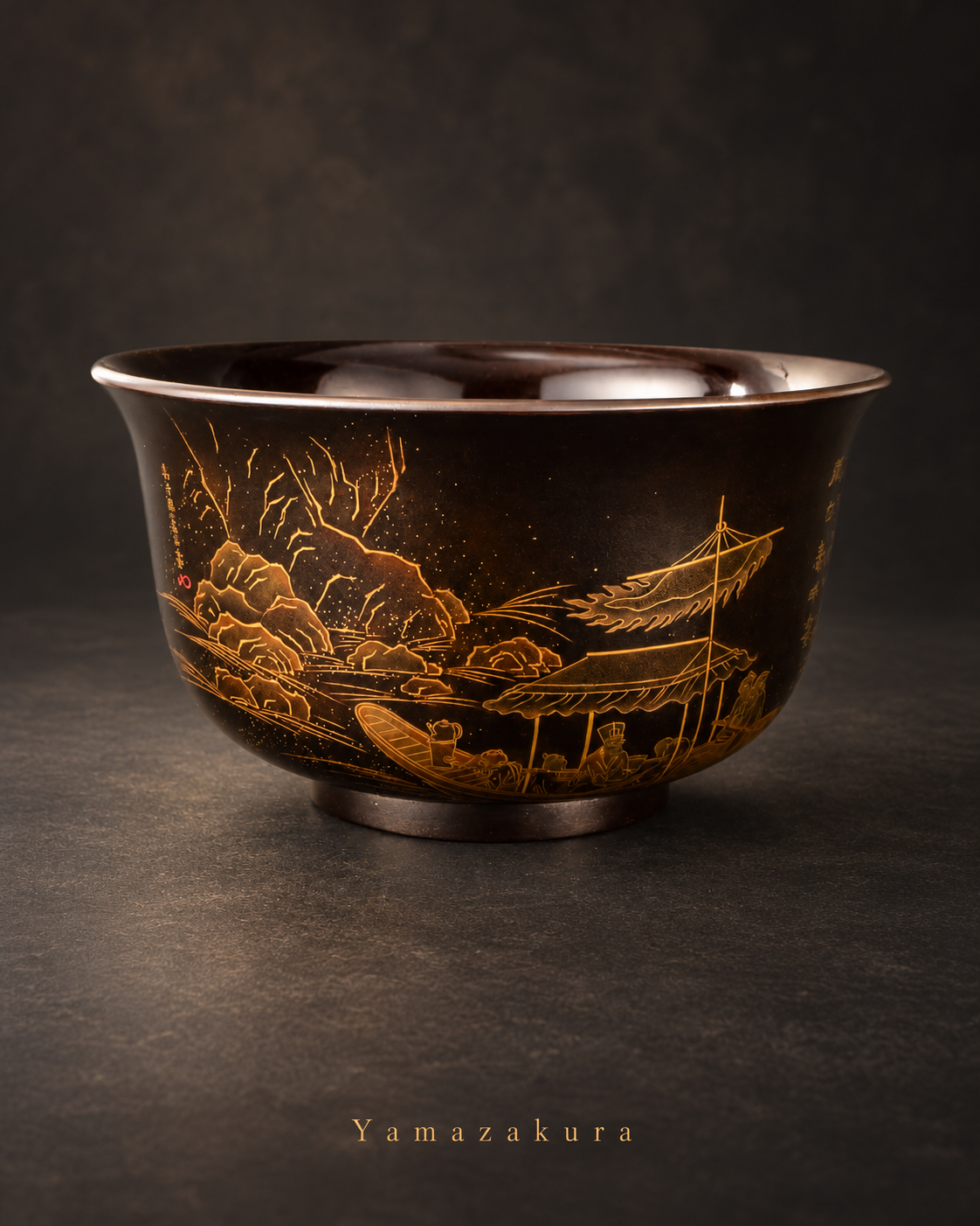 Red Cliff lacquer bowl: gold boating scene beneath cliffs, Yamazakura styled photograph