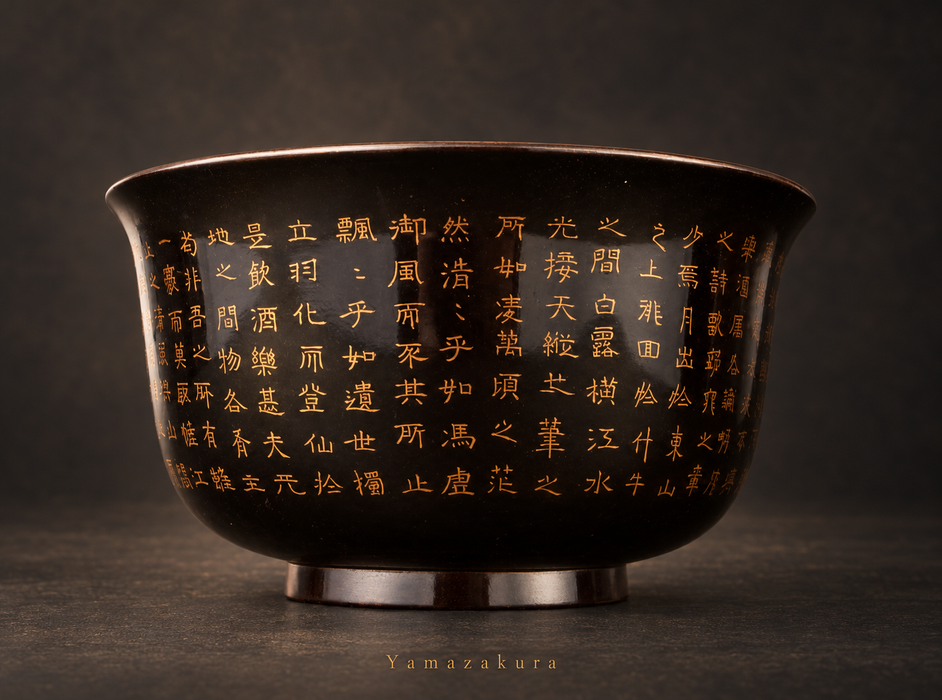 Gold calligraphy on the reverse of the Red Cliff bowl, styled photograph